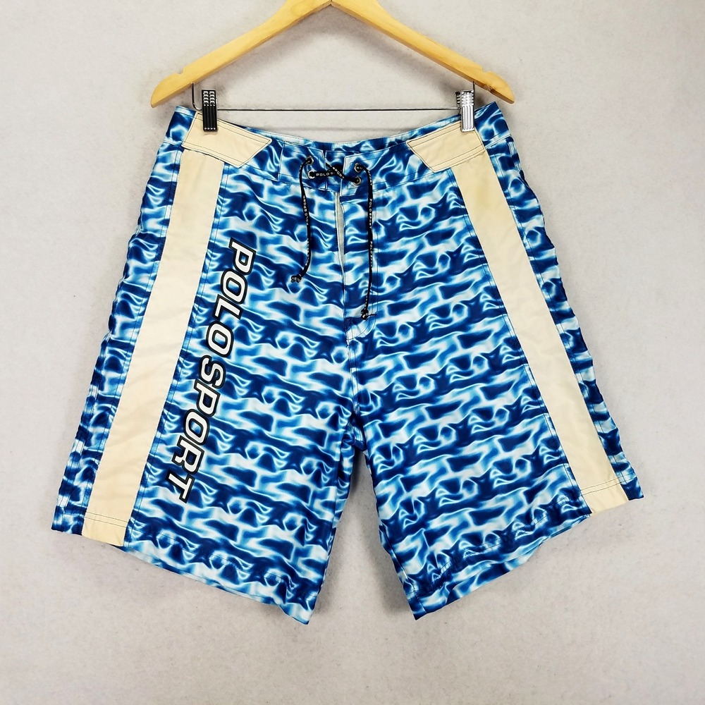 Polo Sport Ralph Lauren Vtg Water Shorts Mens 32 Blue Poly Geometric 90s Logo